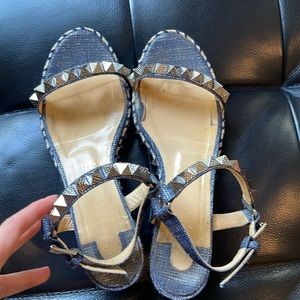 Christian Louboutin Silver and Blue Platform Shoes with Studded Accents